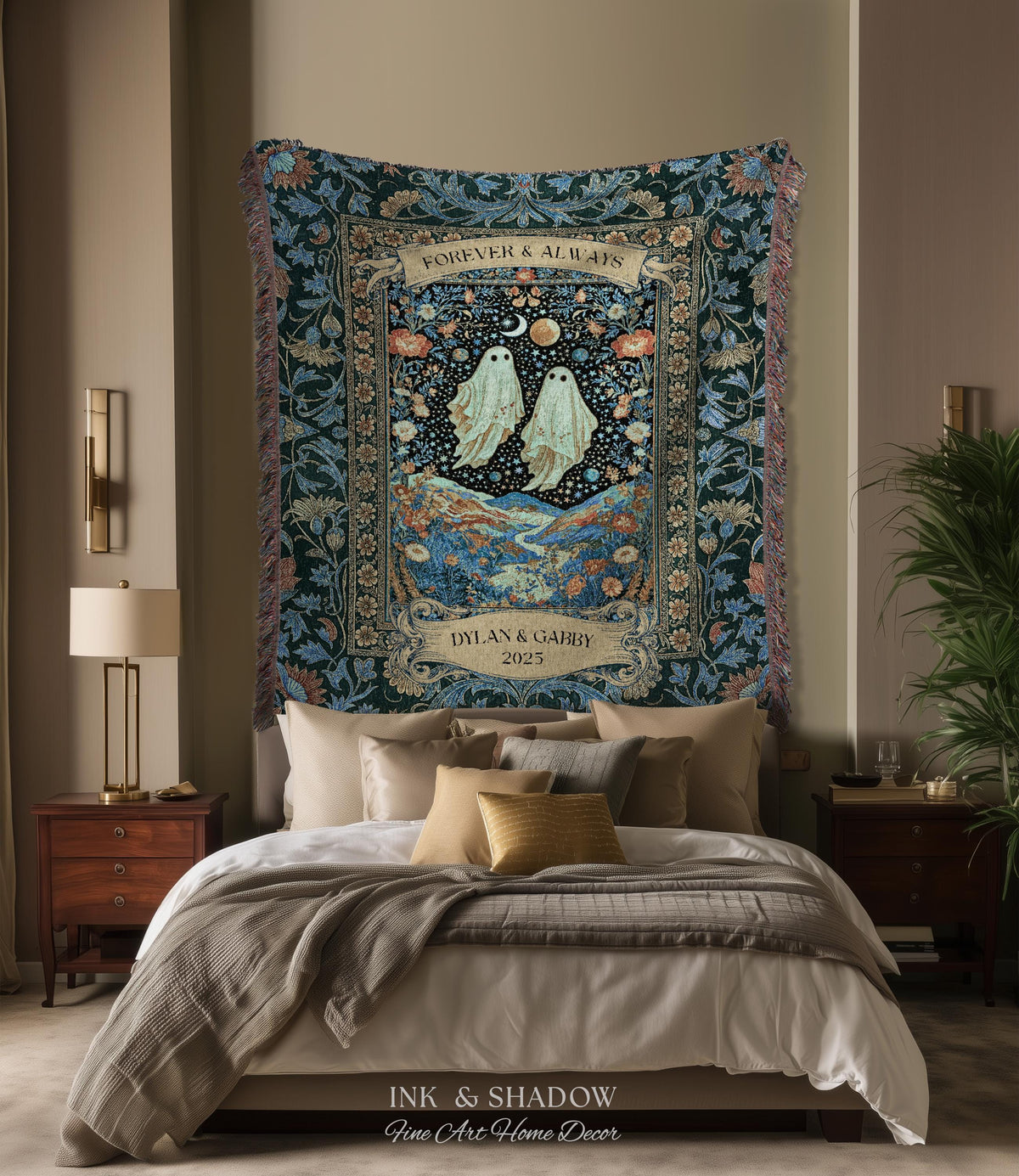 Moonlit Cosmic Ghost Lovers Tapestry | Forever And Always Couple Woven Throw Blanket Custom Names Wedding Keepsake For Goth Anniversary
