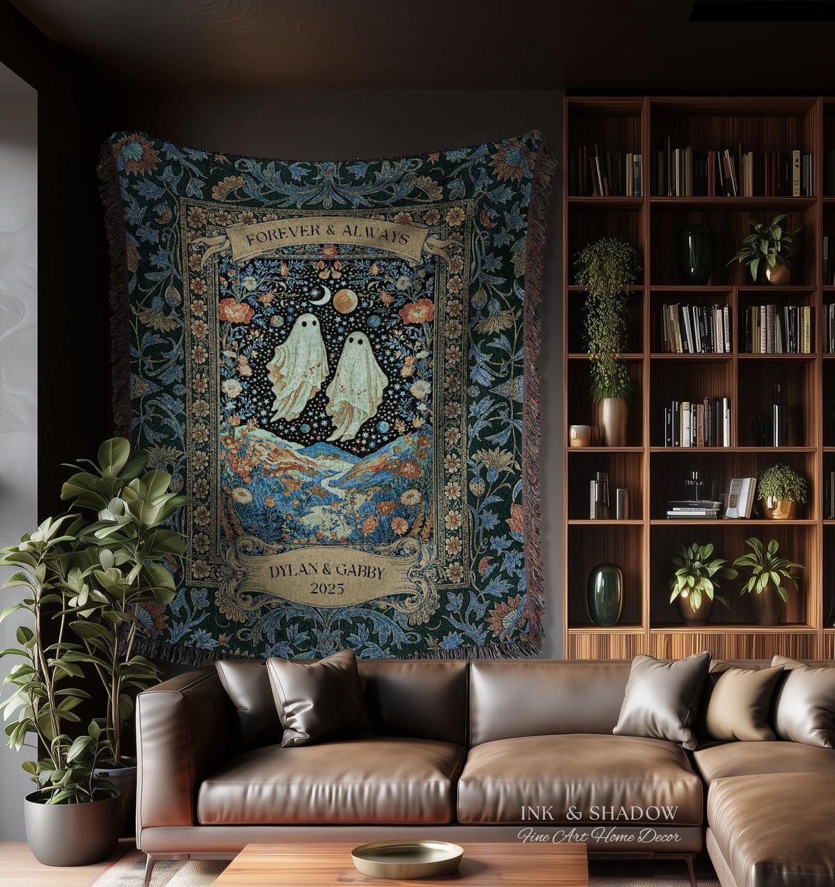 Moonlit Cosmic Ghost Lovers Tapestry | Forever And Always Couple Woven Throw Blanket Custom Names Wedding Keepsake For Goth Anniversary