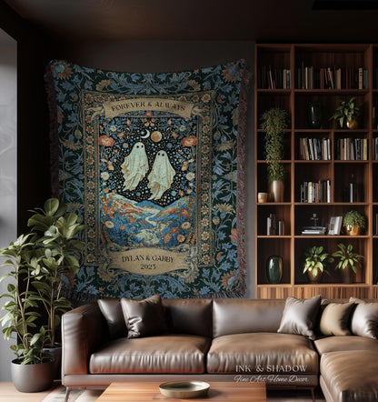 Moonlit Cosmic Ghost Lovers Tapestry | Forever And Always Couple Woven Throw Blanket Custom Names Wedding Keepsake For Goth Anniversary