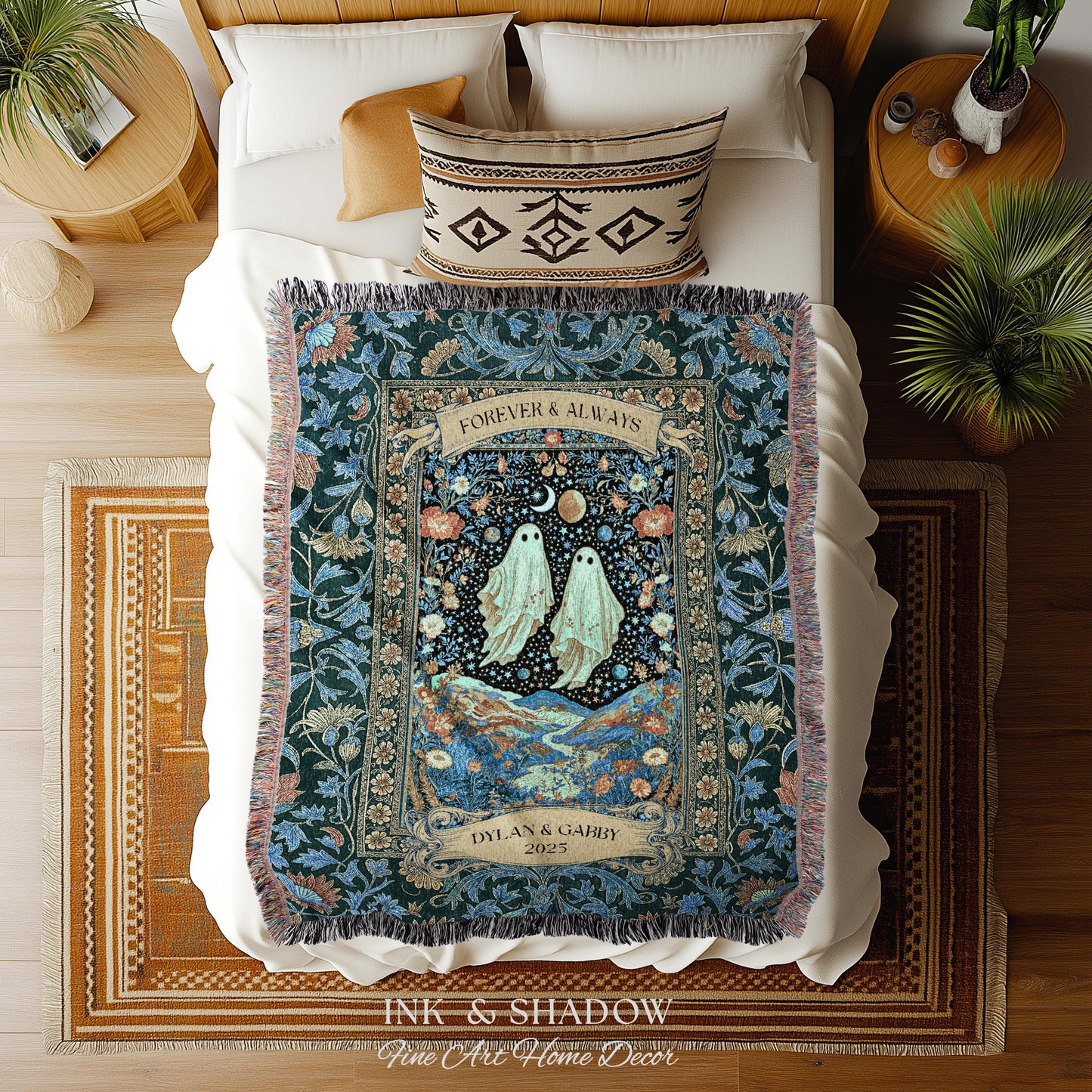 Moonlit Cosmic Ghost Lovers Tapestry | Forever And Always Couple Woven Throw Blanket Custom Names Wedding Keepsake For Goth Anniversary