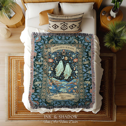 Moonlit Cosmic Ghost Lovers Tapestry | Forever And Always Couple Woven Throw Blanket Custom Names Wedding Keepsake For Goth Anniversary