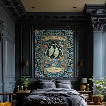 Moonlit Cosmic Ghost Lovers Tapestry | Forever And Always Couple Woven Throw Blanket Custom Names Wedding Keepsake For Goth Anniversary