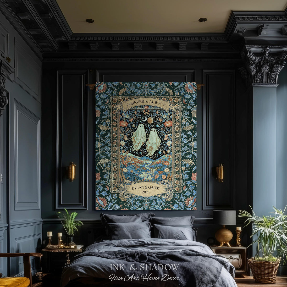 Moonlit Cosmic Ghost Lovers Tapestry | Forever And Always Couple Woven Throw Blanket Custom Names Wedding Keepsake For Goth Anniversary