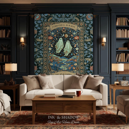 Moonlit Cosmic Ghost Lovers Tapestry | Forever And Always Couple Woven Throw Blanket Custom Names Wedding Keepsake For Goth Anniversary