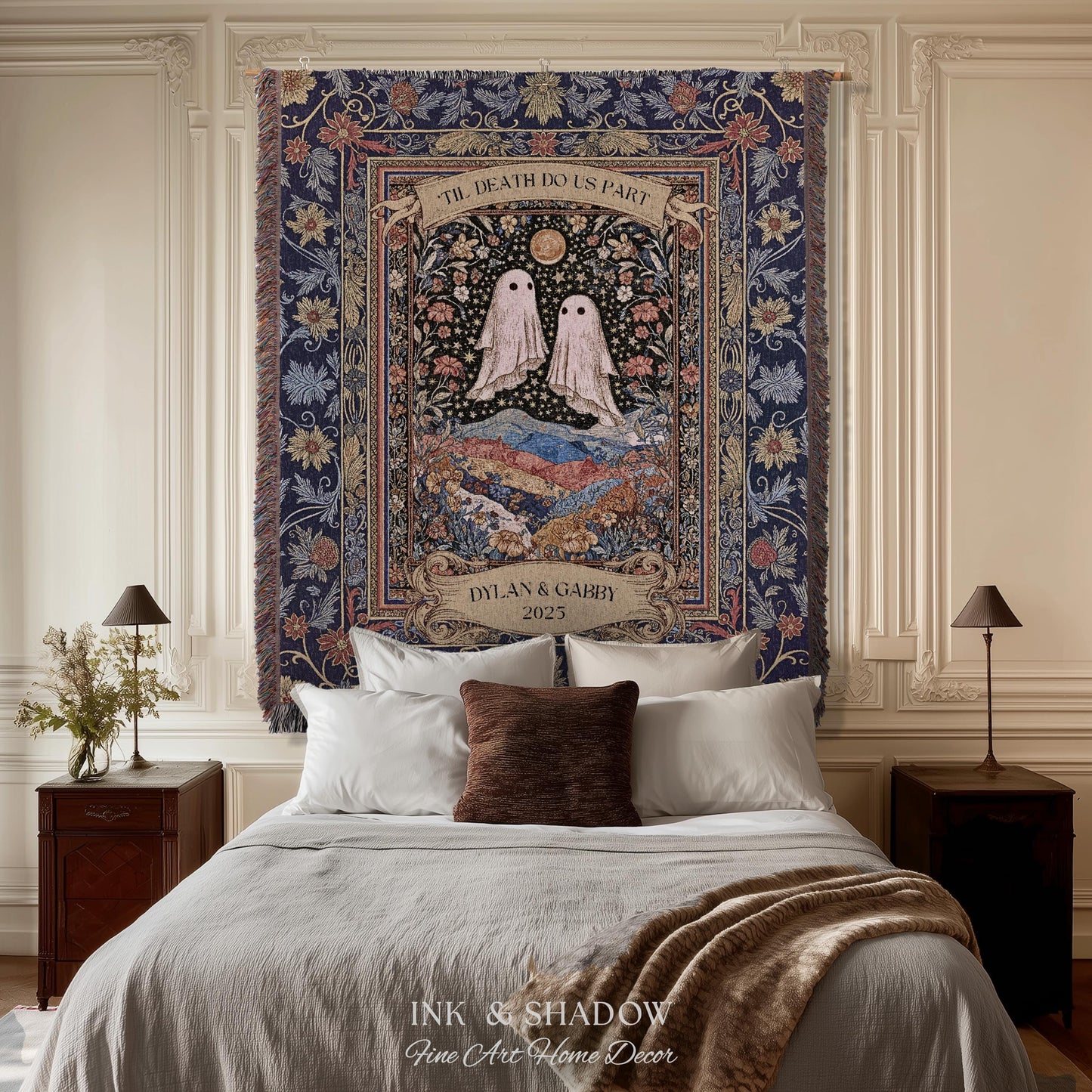 Memento Mori Ghost Tapestry Personalized | Custom Names Floral Gothic Vow Anniversary Newly Wed Gift For Haunted Home Decor Mr and Mrs Throw