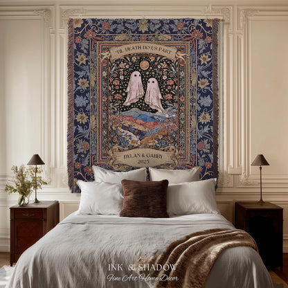 Memento Mori Ghost Tapestry Personalized | Custom Names Floral Gothic Vow Anniversary Newly Wed Gift For Haunted Home Decor Mr and Mrs Throw