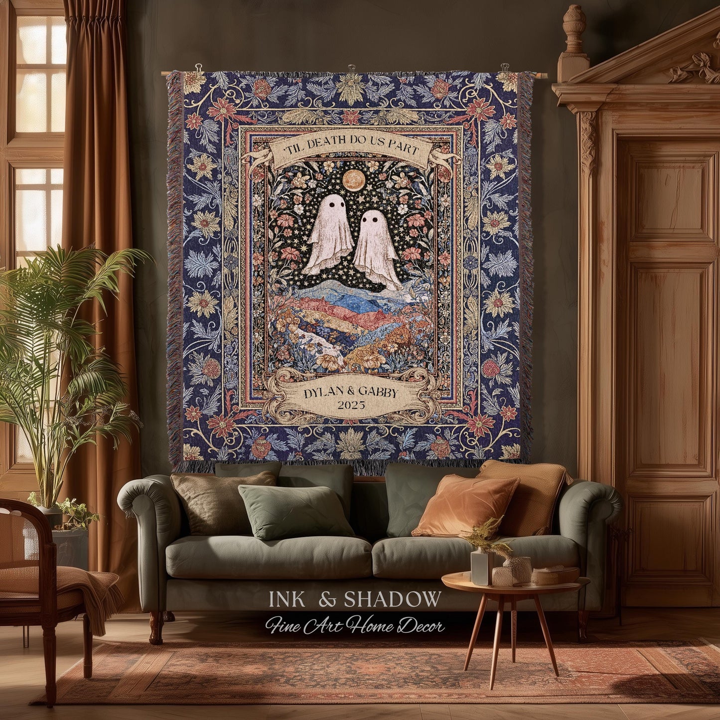 Memento Mori Ghost Tapestry Personalized | Custom Names Floral Gothic Vow Anniversary Newly Wed Gift For Haunted Home Decor Mr and Mrs Throw