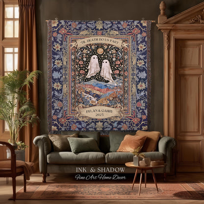 Memento Mori Ghost Tapestry Personalized | Custom Names Floral Gothic Vow Anniversary Newly Wed Gift For Haunted Home Decor Mr and Mrs Throw