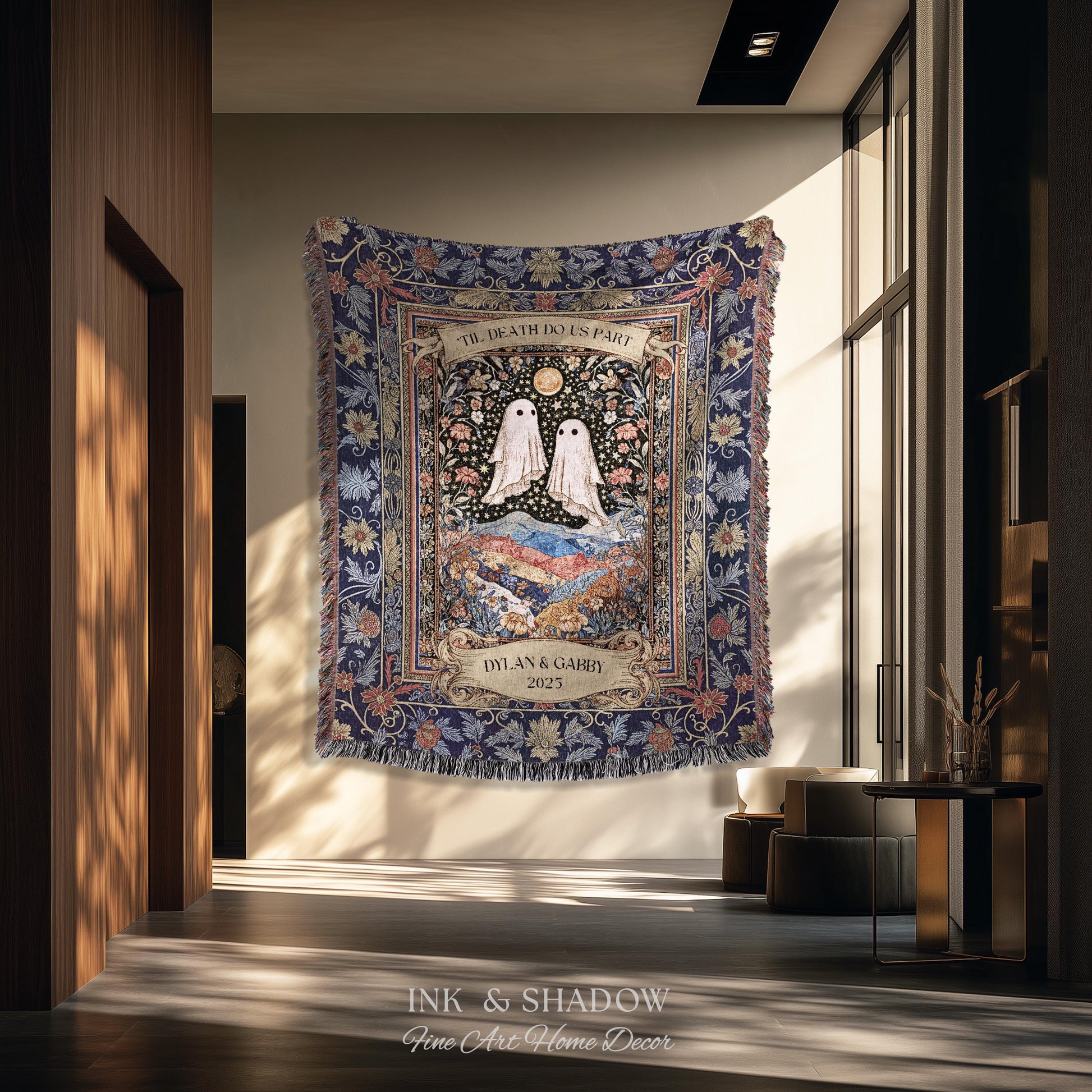 Memento Mori Ghost Tapestry Personalized | Custom Names Floral Gothic Vow Anniversary Newly Wed Gift For Haunted Home Decor Mr and Mrs Throw