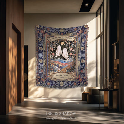 Memento Mori Ghost Tapestry Personalized | Custom Names Floral Gothic Vow Anniversary Newly Wed Gift For Haunted Home Decor Mr and Mrs Throw