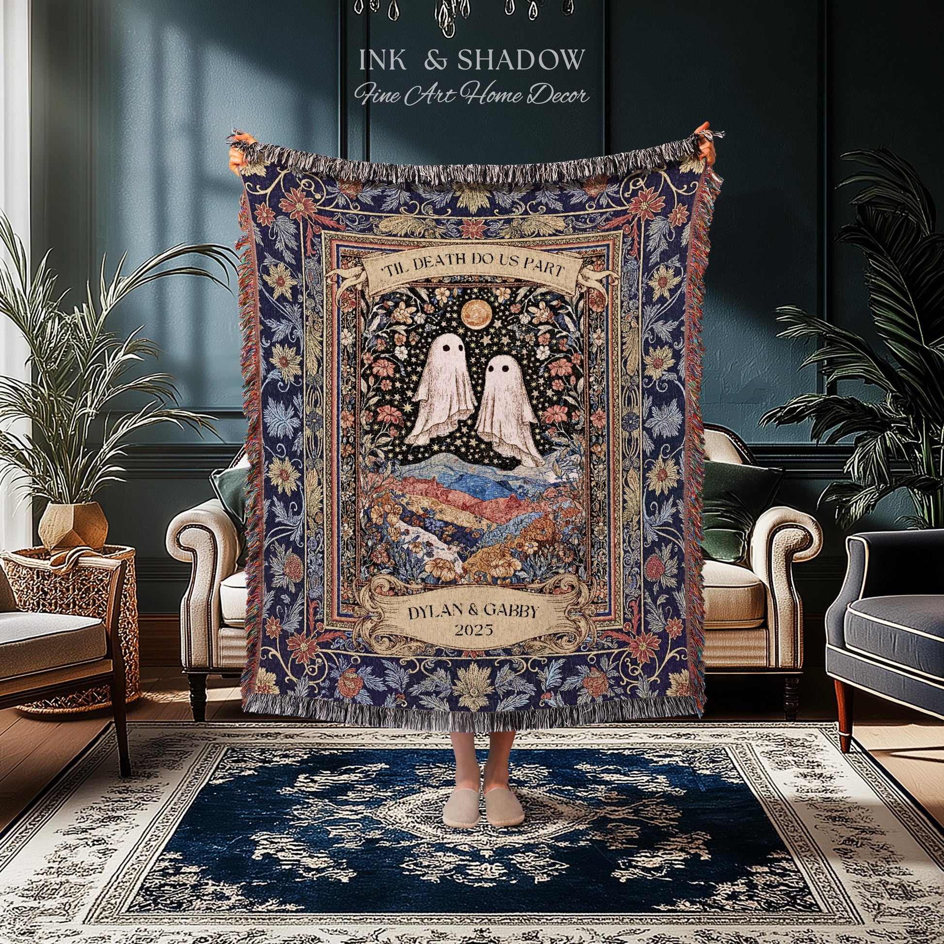 Memento Mori Ghost Tapestry Personalized | Custom Names Floral Gothic Vow Anniversary Newly Wed Gift For Haunted Home Decor Mr and Mrs Throw