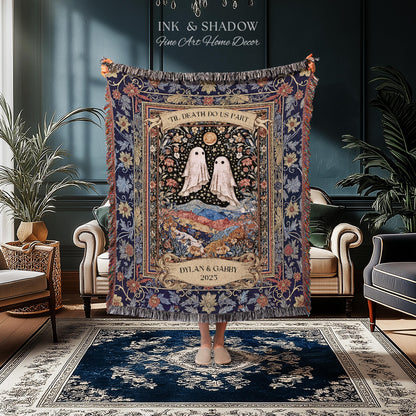Memento Mori Ghost Tapestry Personalized | Custom Names Floral Gothic Vow Anniversary Newly Wed Gift For Haunted Home Decor Mr and Mrs Throw