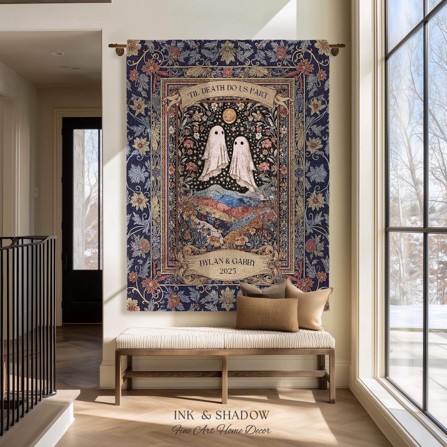 Memento Mori Ghost Tapestry Personalized | Custom Names Floral Gothic Vow Anniversary Newly Wed Gift For Haunted Home Decor Mr and Mrs Throw