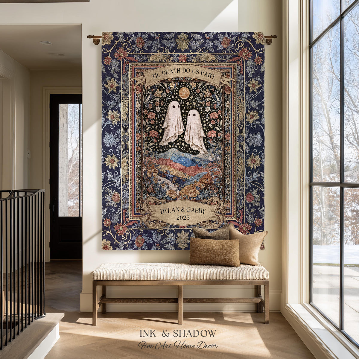 Memento Mori Ghost Tapestry Personalized | Custom Names Floral Gothic Vow Anniversary Newly Wed Gift For Haunted Home Decor Mr and Mrs Throw