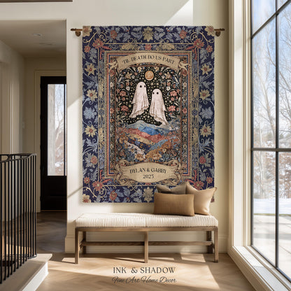 Memento Mori Ghost Tapestry Personalized | Custom Names Floral Gothic Vow Anniversary Newly Wed Gift For Haunted Home Decor Mr and Mrs Throw