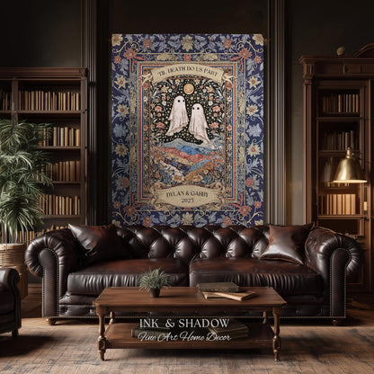 Memento Mori Ghost Tapestry Personalized | Custom Names Floral Gothic Vow Anniversary Newly Wed Gift For Haunted Home Decor Mr and Mrs Throw