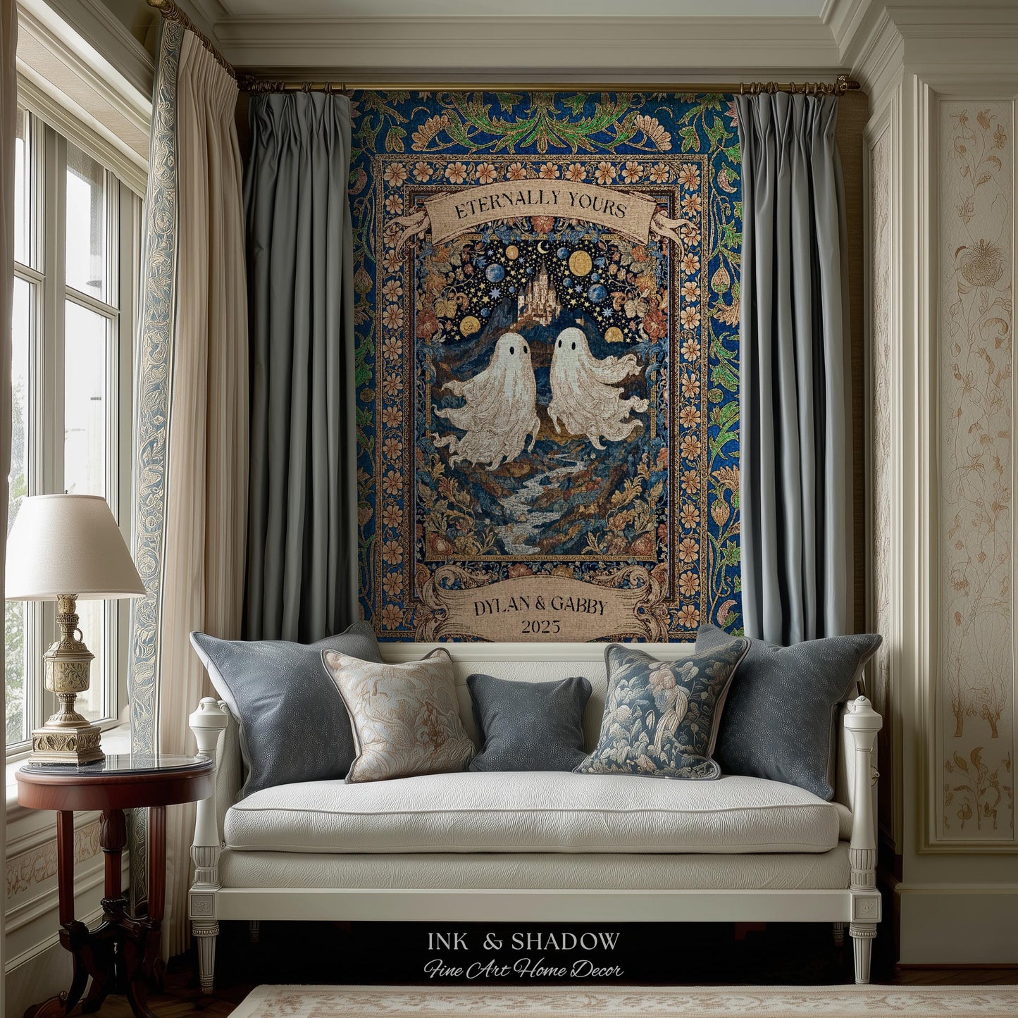 Eternally Yours Ghost Couple Woven Tapestry | Custom Names And Year Celestial Castle Gothic Floral Wedding Anniversary Gift Romantic Haunted