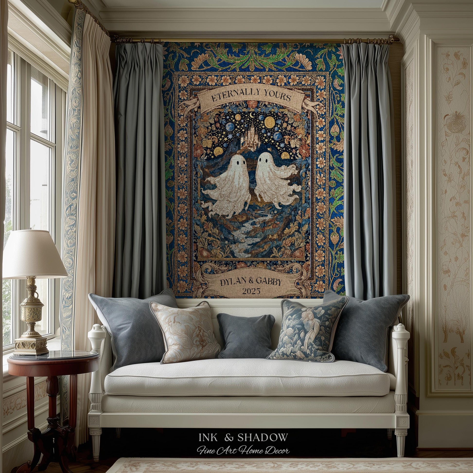 Eternally Yours Ghost Couple Woven Tapestry | Custom Names And Year Celestial Castle Gothic Floral Wedding Anniversary Gift Romantic Haunted
