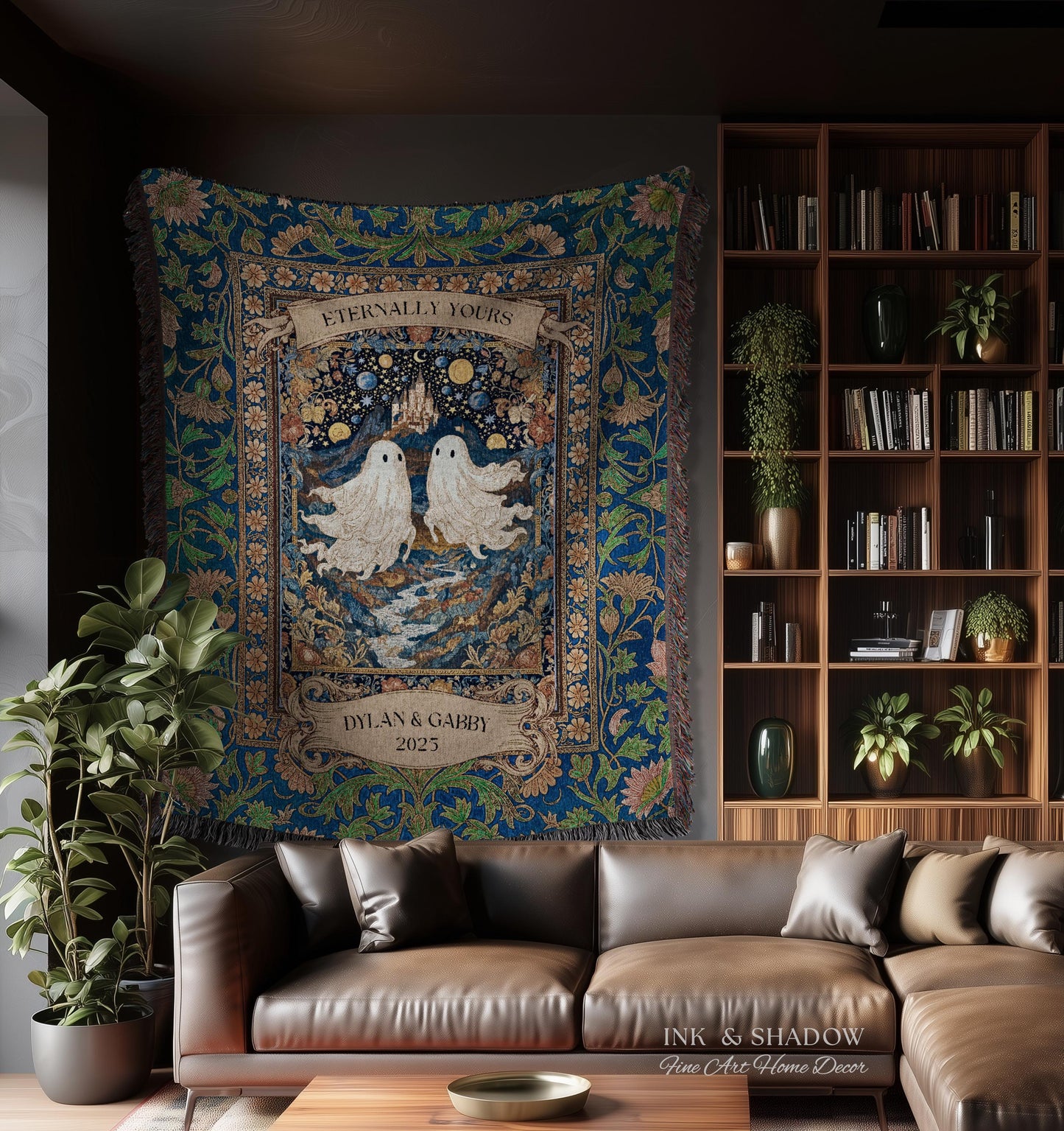 Eternally Yours Ghost Couple Woven Tapestry | Custom Names And Year Celestial Castle Gothic Floral Wedding Anniversary Gift Romantic Haunted