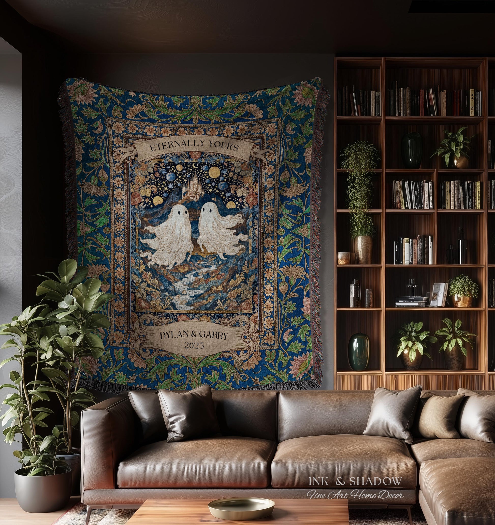Eternally Yours Ghost Couple Woven Tapestry | Custom Names And Year Celestial Castle Gothic Floral Wedding Anniversary Gift Romantic Haunted