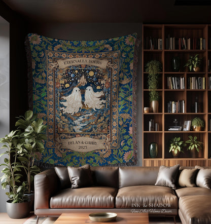 Eternally Yours Ghost Couple Woven Tapestry | Custom Names And Year Celestial Castle Gothic Floral Wedding Anniversary Gift Romantic Haunted