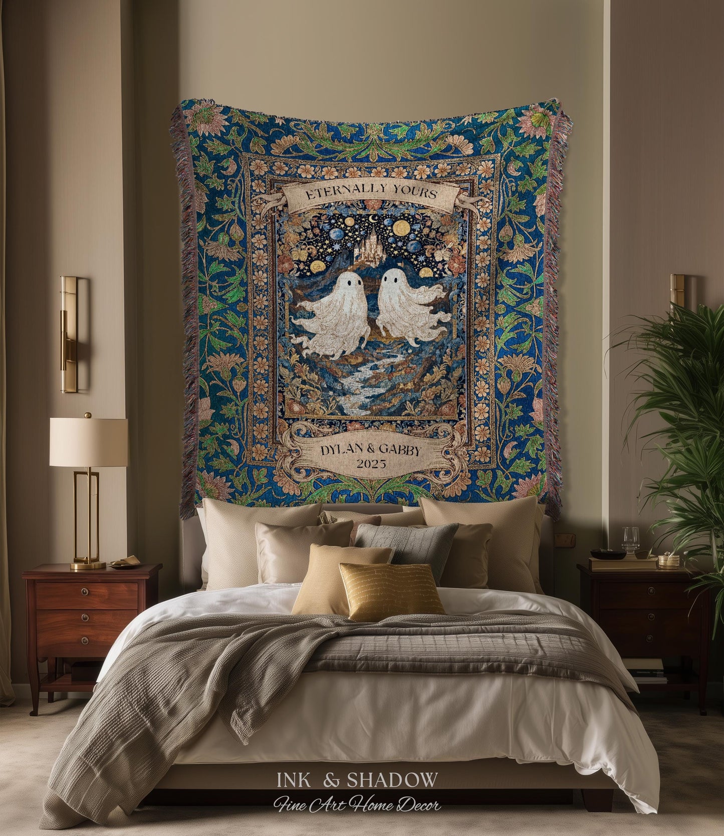 Eternally Yours Ghost Couple Woven Tapestry | Custom Names And Year Celestial Castle Gothic Floral Wedding Anniversary Gift Romantic Haunted