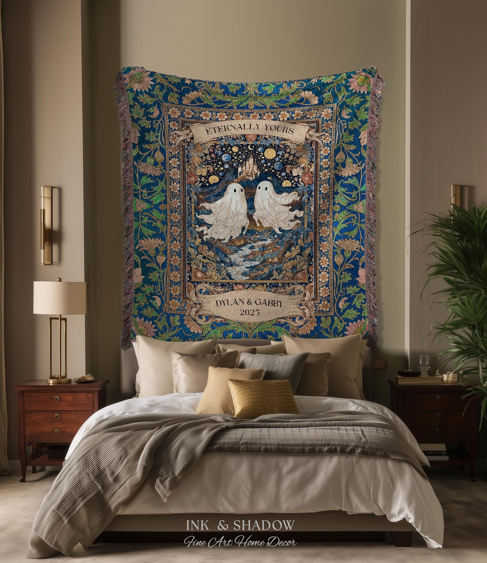 Eternally Yours Ghost Couple Woven Tapestry | Custom Names And Year Celestial Castle Gothic Floral Wedding Anniversary Gift Romantic Haunted