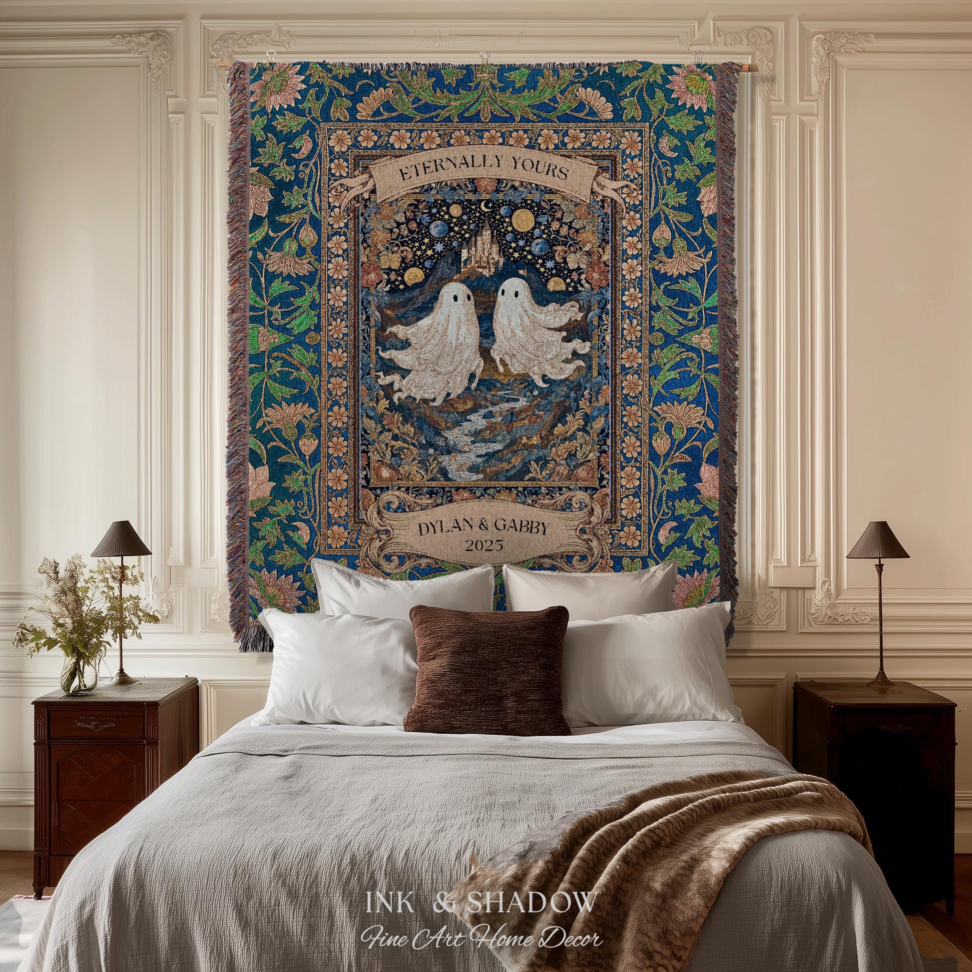 Eternally Yours Ghost Couple Woven Tapestry | Custom Names And Year Celestial Castle Gothic Floral Wedding Anniversary Gift Romantic Haunted