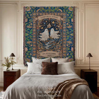 Eternally Yours Ghost Couple Woven Tapestry | Custom Names And Year Celestial Castle Gothic Floral Wedding Anniversary Gift Romantic Haunted