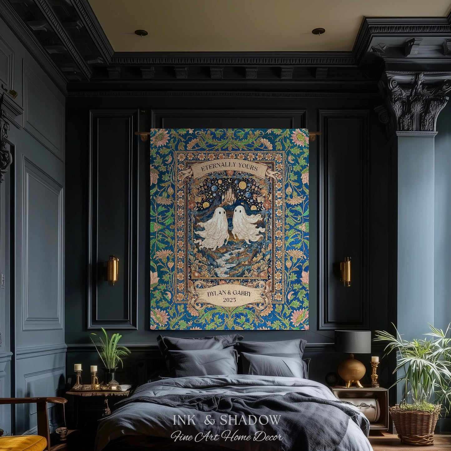 Eternally Yours Ghost Couple Woven Tapestry | Custom Names And Year Celestial Castle Gothic Floral Wedding Anniversary Gift Romantic Haunted