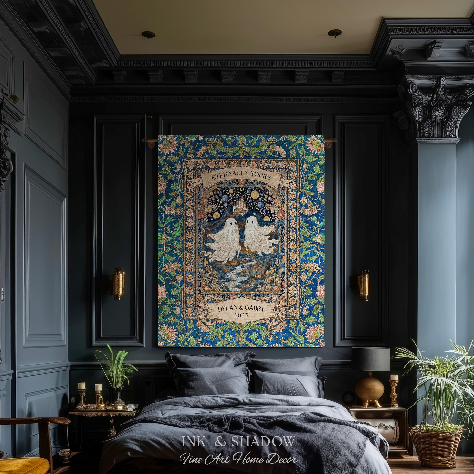 Eternally Yours Ghost Couple Woven Tapestry | Custom Names And Year Celestial Castle Gothic Floral Wedding Anniversary Gift Romantic Haunted