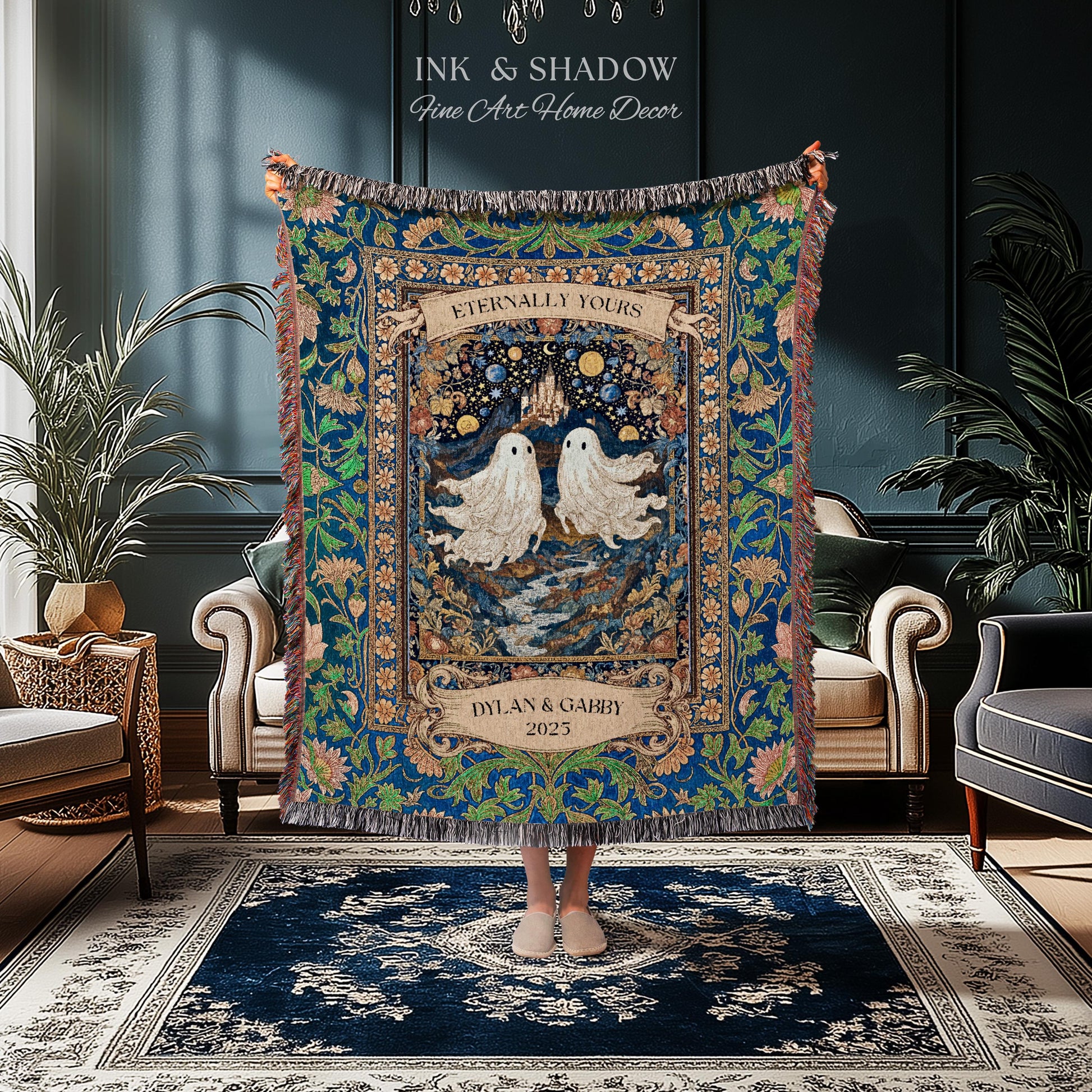 Eternally Yours Ghost Couple Woven Tapestry | Custom Names And Year Celestial Castle Gothic Floral Wedding Anniversary Gift Romantic Haunted