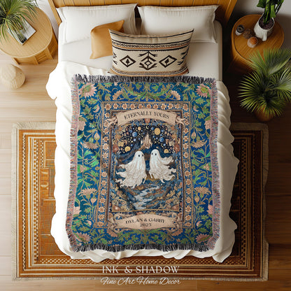 Eternally Yours Ghost Couple Woven Tapestry | Custom Names And Year Celestial Castle Gothic Floral Wedding Anniversary Gift Romantic Haunted