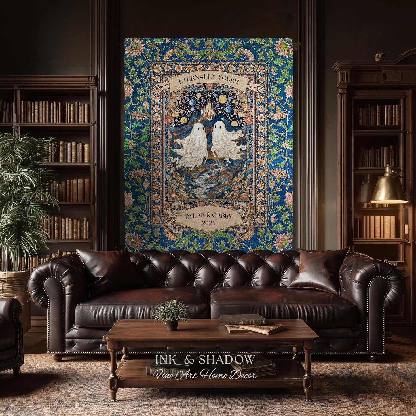 Eternally Yours Ghost Couple Woven Tapestry | Custom Names And Year Celestial Castle Gothic Floral Wedding Anniversary Gift Romantic Haunted