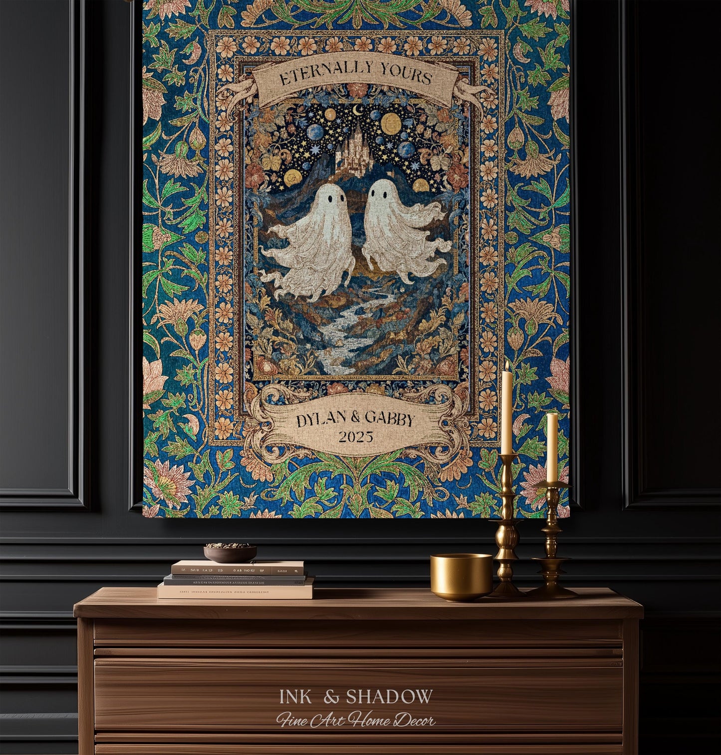 Eternally Yours Ghost Couple Woven Tapestry | Custom Names And Year Celestial Castle Gothic Floral Wedding Anniversary Gift Romantic Haunted