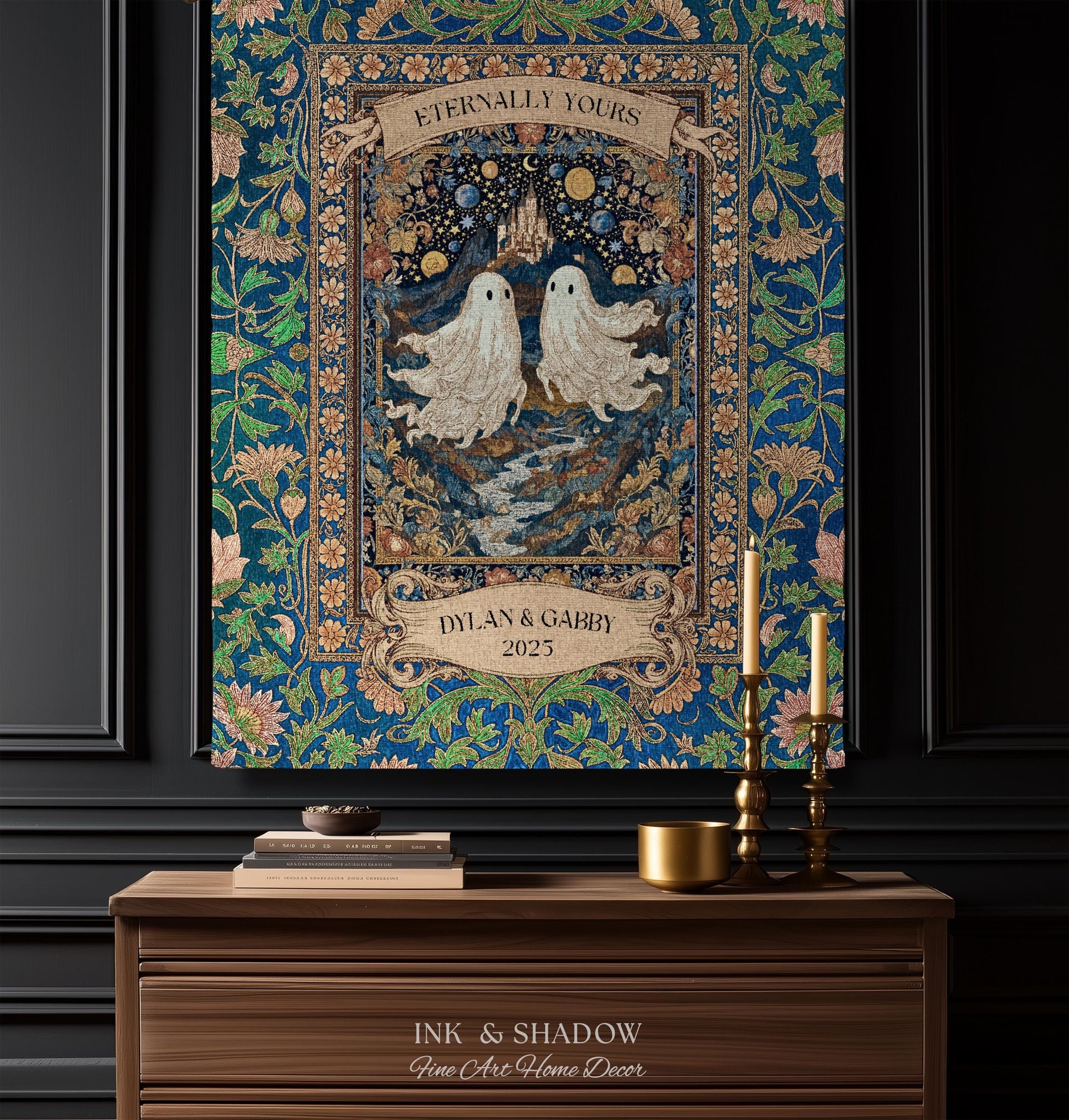 Eternally Yours Ghost Couple Woven Tapestry | Custom Names And Year Celestial Castle Gothic Floral Wedding Anniversary Gift Romantic Haunted