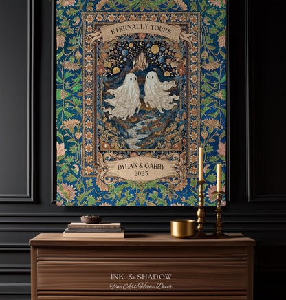 Eternally Yours Ghost Couple Woven Tapestry | Custom Names And Year Celestial Castle Gothic Floral Wedding Anniversary Gift Romantic Haunted