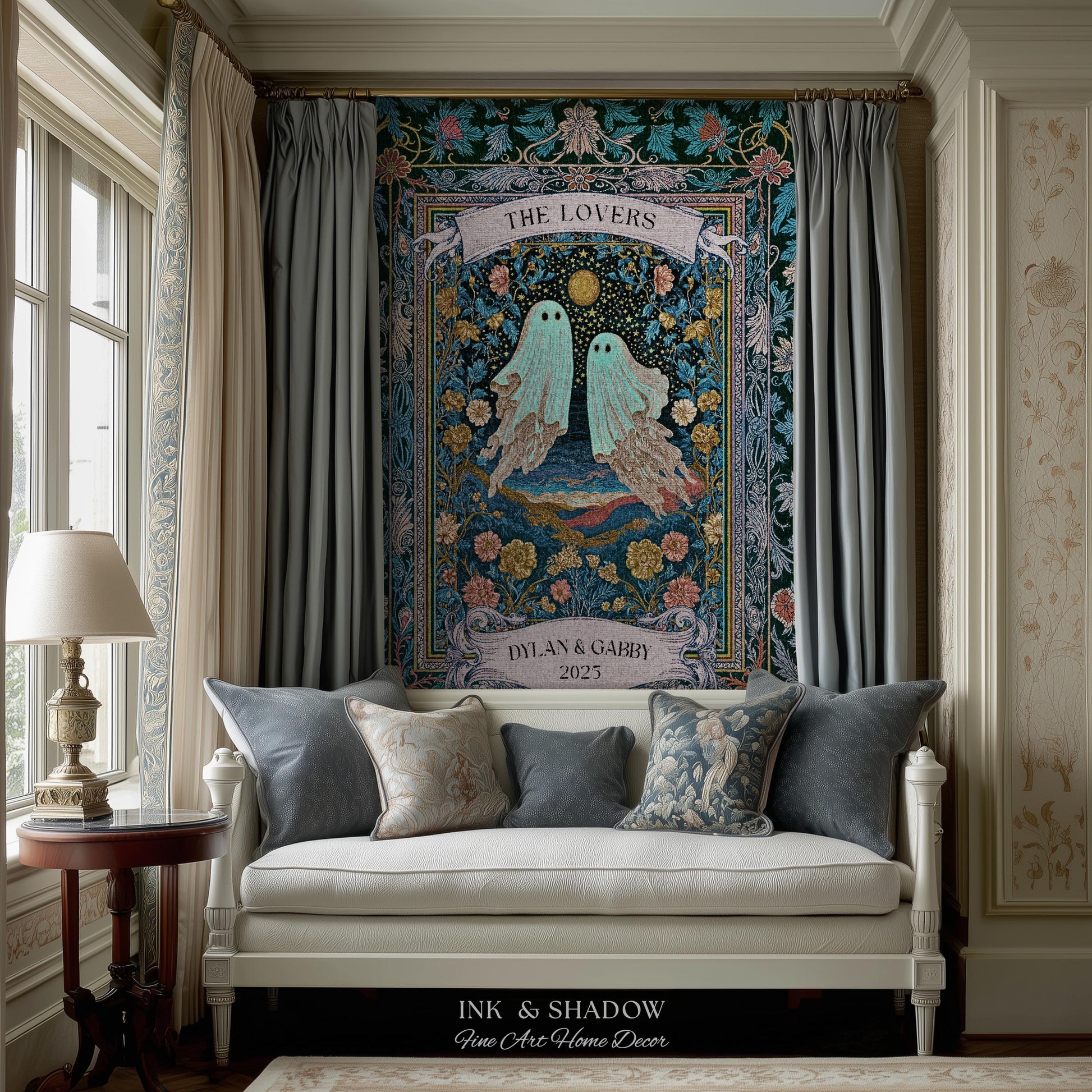Woven Ghost Lovers Couple Wall Tapestry | Moonlit Wildflower Gothic Wedding Anniversary Gift Tarot Inspired Personalized Names And Year