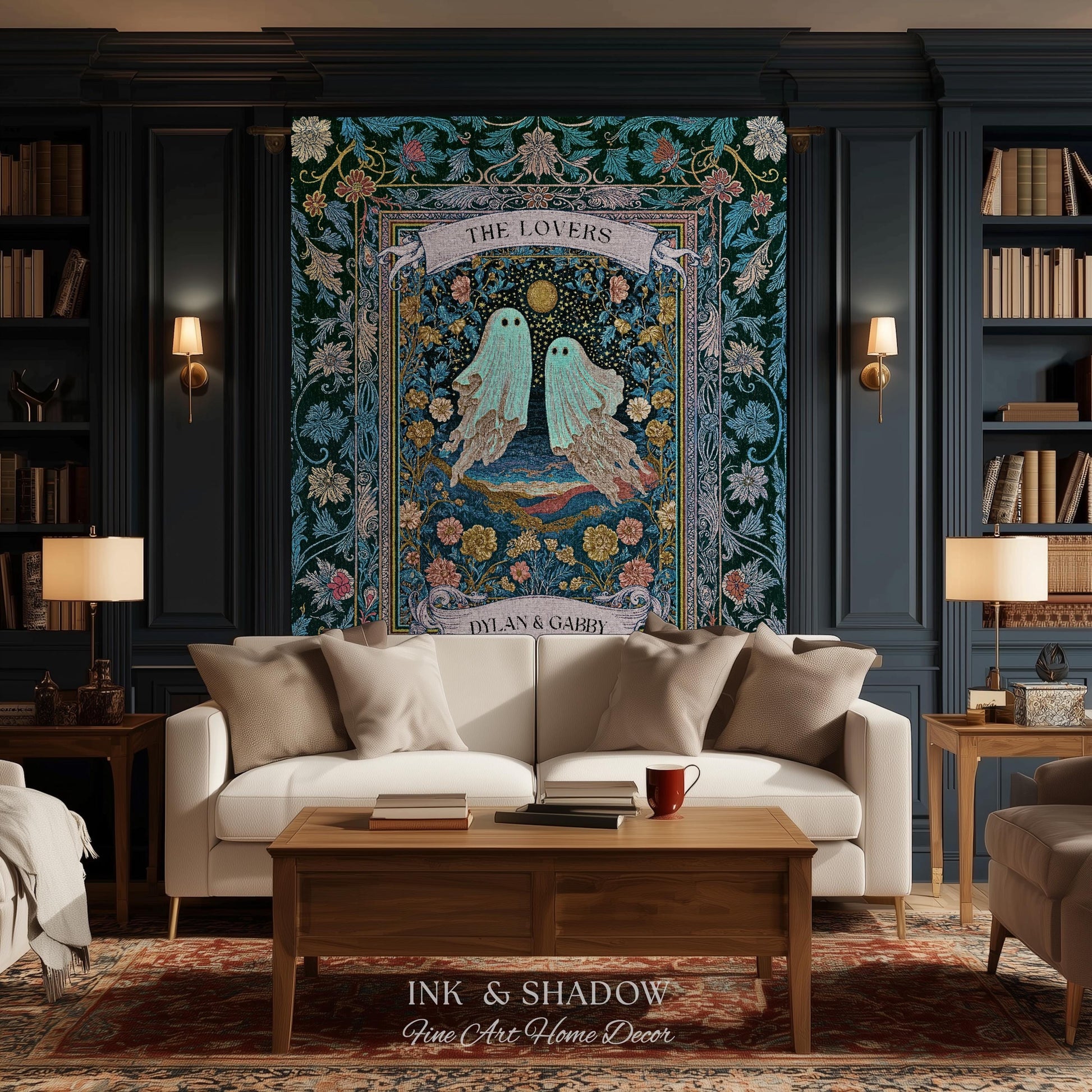 Woven Ghost Lovers Couple Wall Tapestry | Moonlit Wildflower Gothic Wedding Anniversary Gift Tarot Inspired Personalized Names And Year