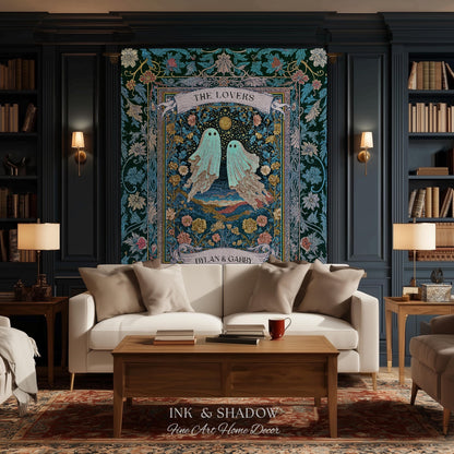 Woven Ghost Lovers Couple Wall Tapestry | Moonlit Wildflower Gothic Wedding Anniversary Gift Tarot Inspired Personalized Names And Year