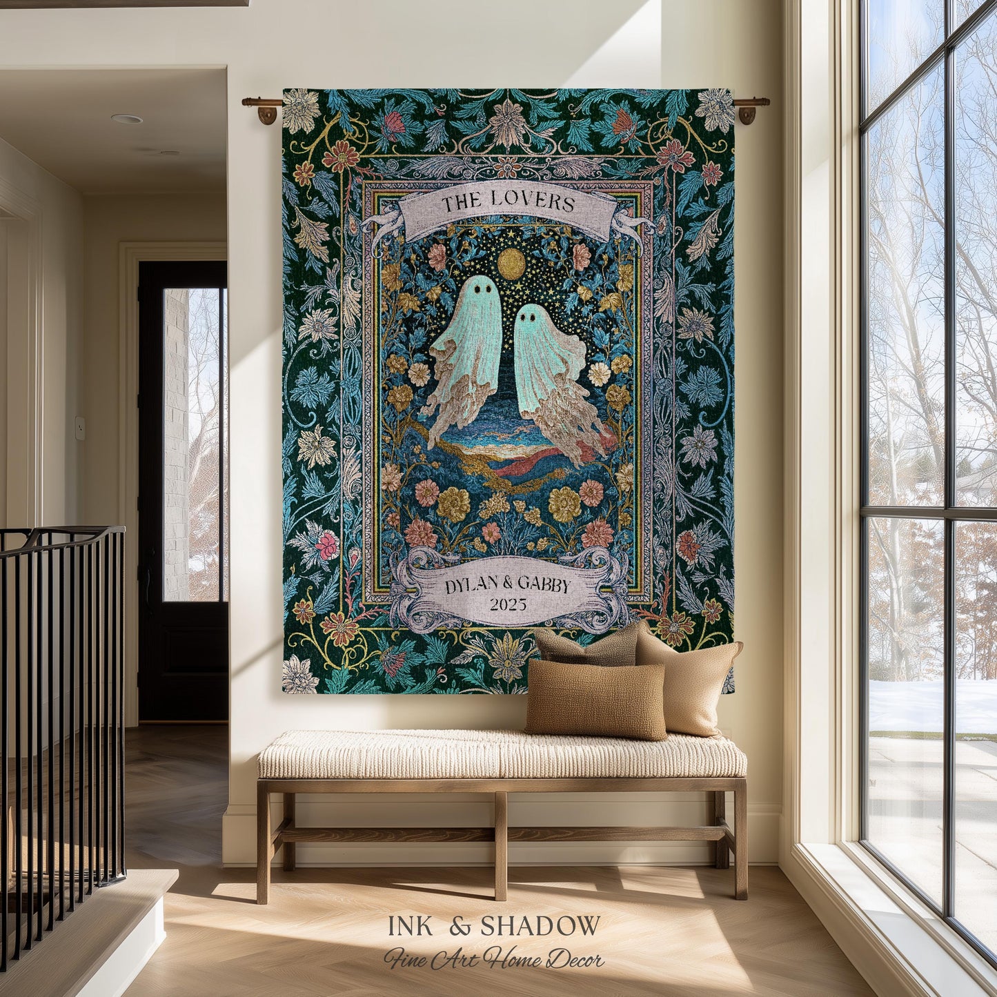 Woven Ghost Lovers Couple Wall Tapestry | Moonlit Wildflower Gothic Wedding Anniversary Gift Tarot Inspired Personalized Names And Year