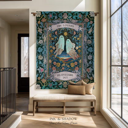 Woven Ghost Lovers Couple Wall Tapestry | Moonlit Wildflower Gothic Wedding Anniversary Gift Tarot Inspired Personalized Names And Year