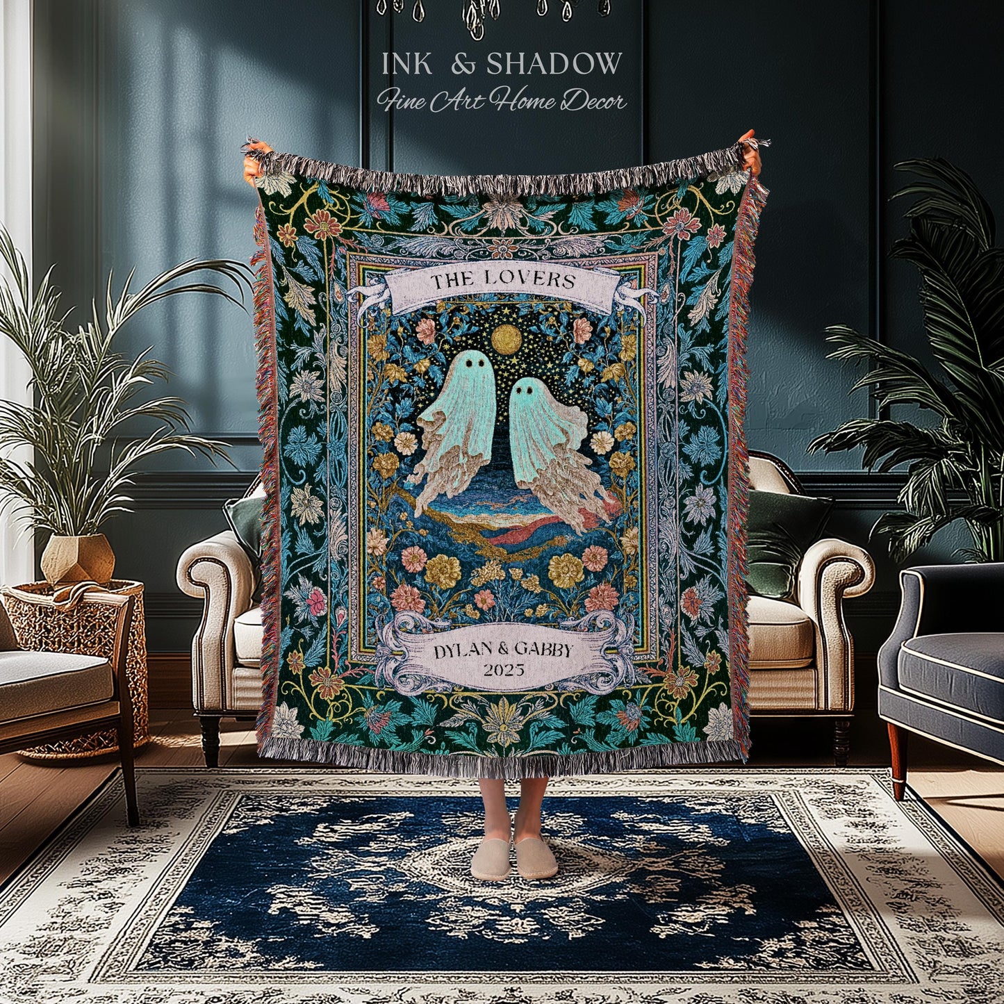 Woven Ghost Lovers Couple Wall Tapestry | Moonlit Wildflower Gothic Wedding Anniversary Gift Tarot Inspired Personalized Names And Year
