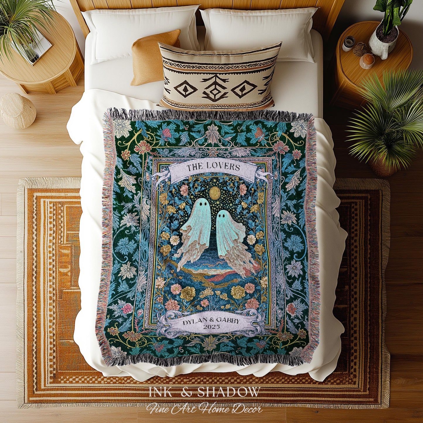 Woven Ghost Lovers Couple Wall Tapestry | Moonlit Wildflower Gothic Wedding Anniversary Gift Tarot Inspired Personalized Names And Year