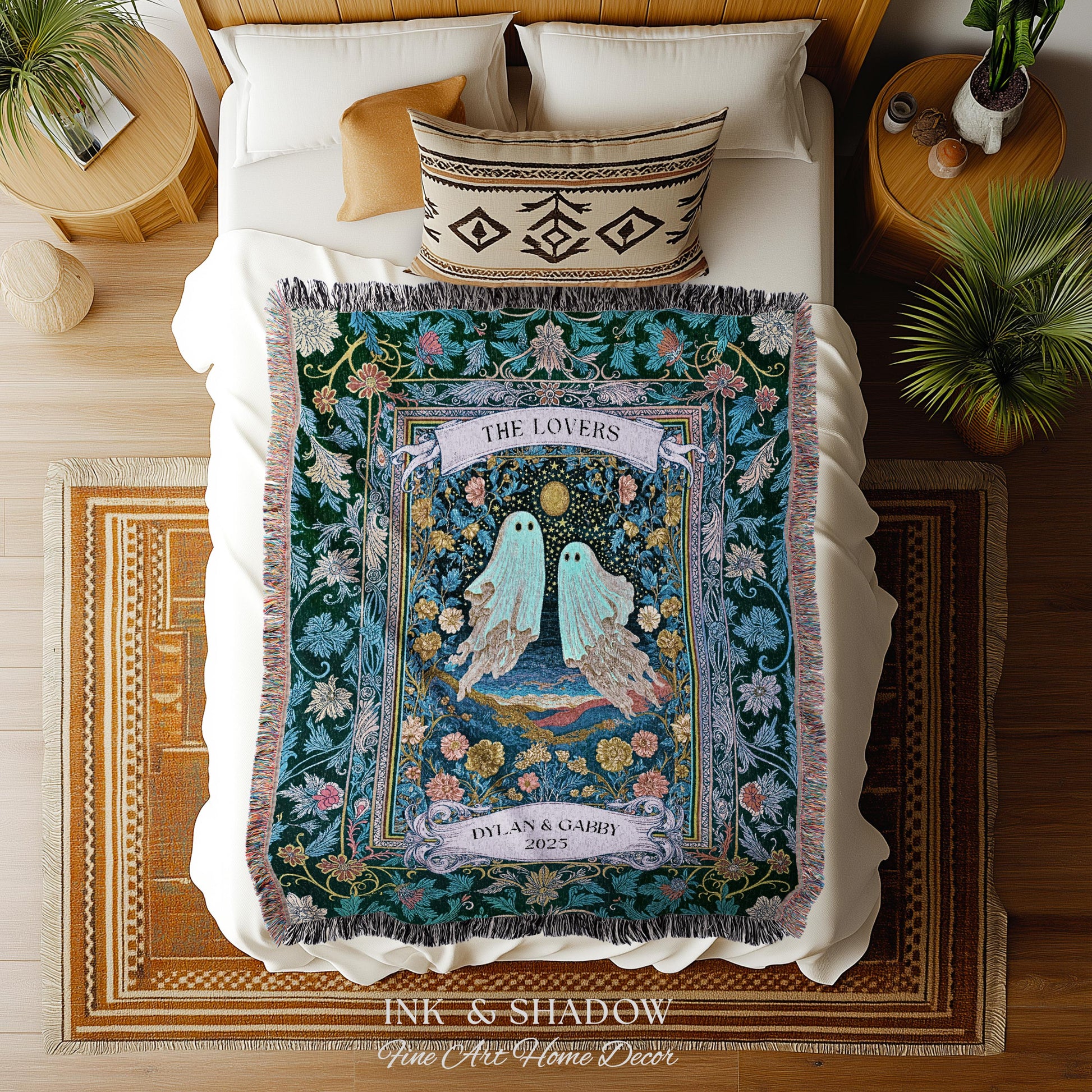 Woven Ghost Lovers Couple Wall Tapestry | Moonlit Wildflower Gothic Wedding Anniversary Gift Tarot Inspired Personalized Names And Year