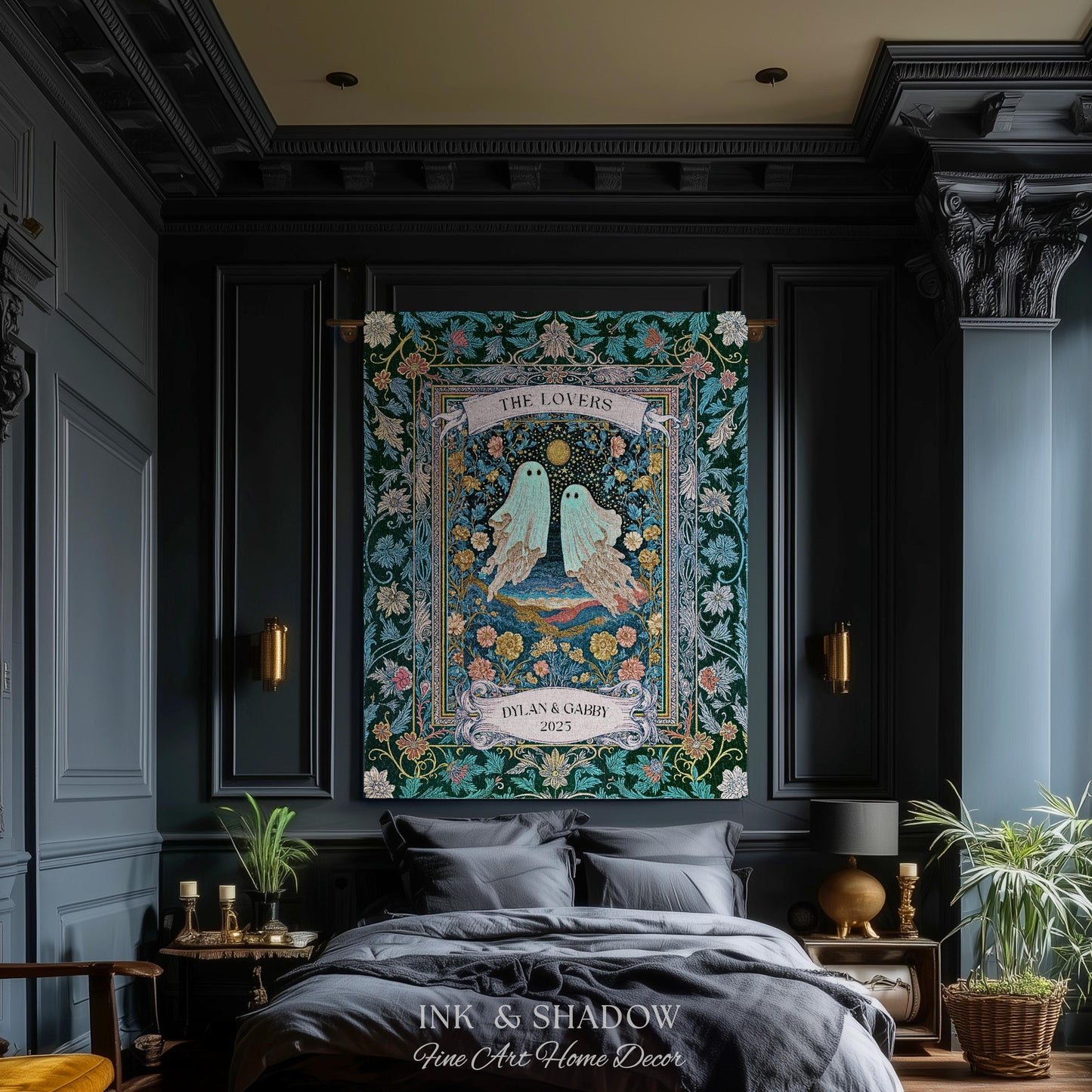 Woven Ghost Lovers Couple Wall Tapestry | Moonlit Wildflower Gothic Wedding Anniversary Gift Tarot Inspired Personalized Names And Year