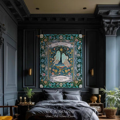 Woven Ghost Lovers Couple Wall Tapestry | Moonlit Wildflower Gothic Wedding Anniversary Gift Tarot Inspired Personalized Names And Year