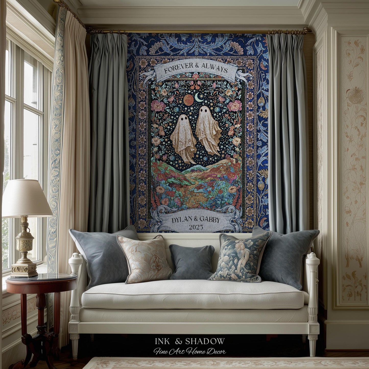Starry Floral Ghost Couple Woven Tapestry | Celestial Gothic Romance Tapestry Home Decor Custom Names And Year Cotton Anniversary Blanket |