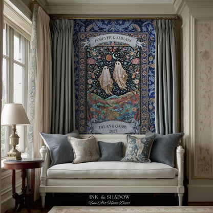Starry Floral Ghost Couple Woven Tapestry | Celestial Gothic Romance Tapestry Home Decor Custom Names And Year Cotton Anniversary Blanket |