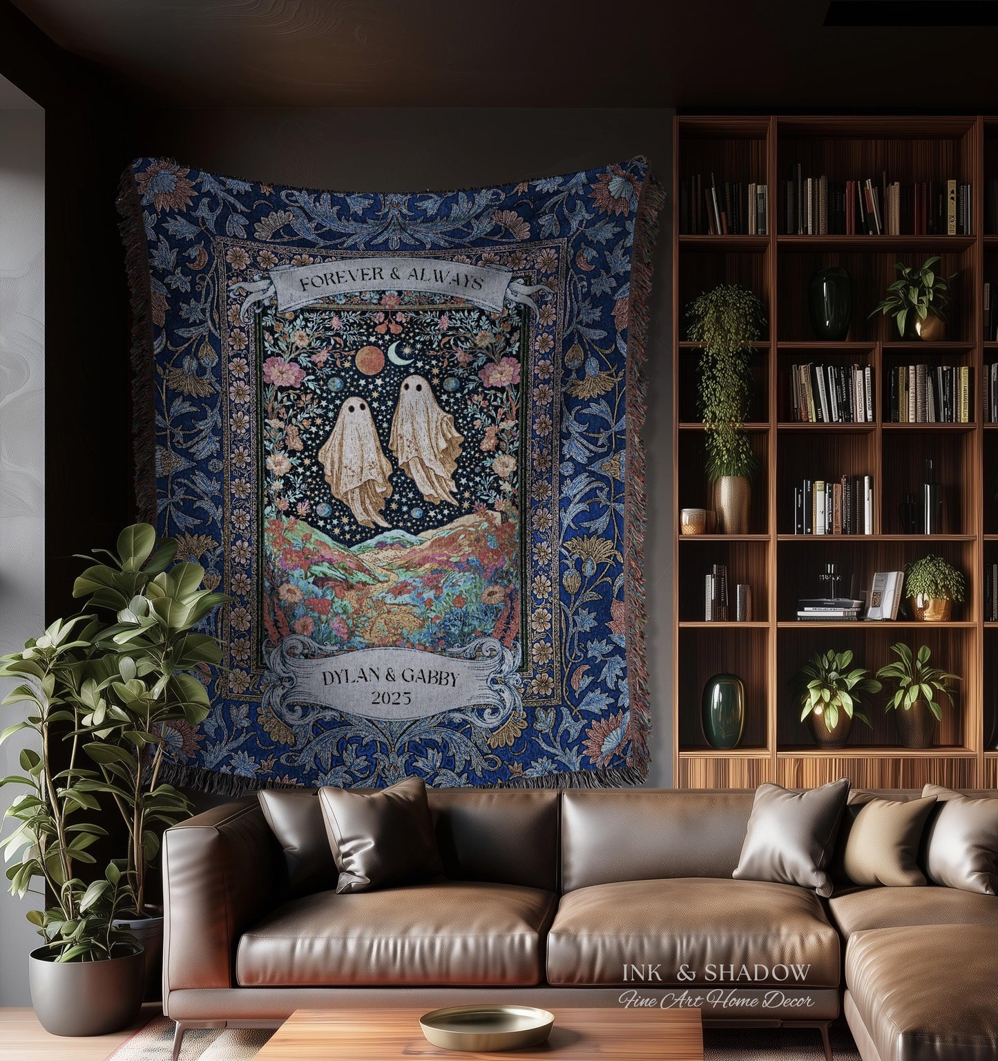 Starry Floral Ghost Couple Woven Tapestry | Celestial Gothic Romance Tapestry Home Decor Custom Names And Year Cotton Anniversary Blanket |